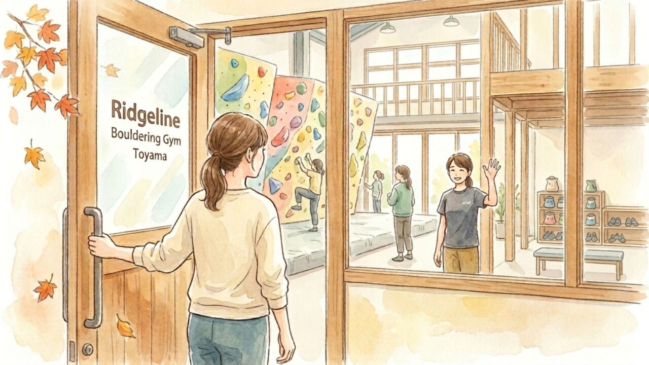 富山のリッジライン・ボルダリングジムの扉を、少し緊張した様子で開ける女性。扉の向こうには、自然光が差し込む開放的な空間と、笑顔で迎えるスタッフの姿が見える。